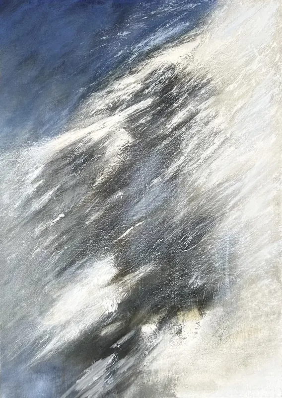 A diagonal abstraction in deep blues and whites